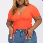 Plus Ribbed Ruched Drawstring Surplice Top- Id.Cc56586f