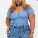 Plus Ribbed Ruched Drawstring Surplice Top- Id.Cc56586c