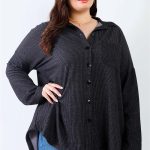 Plus Black Ribbed Collared Button Up Shirt Top