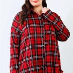 Plus Black & Red Plaid Collared Button Up Shirt Top