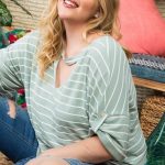 Drop Shoulder Roll Up Short Sleeve Choker Neck Stripe Print Top