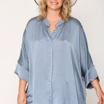 Washed Satin Button Down Loose Fit Top With Hi-Lo Hem