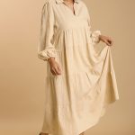 Textured Long Sleeve Collar Split Neck Tiered Maxi Dress