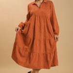Textured Long Sleeve Collar Split Neck Tiered Maxi Dress