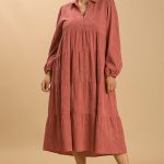 Textured Long Sleeve Collar Split Neck Tiered Maxi Dress