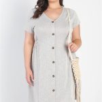Plus Warm Grey Textured Button-Up Short Sleeve Mini Dress