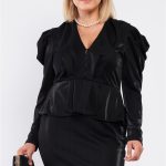 Plus Long Sleeve Victorian Steampunk Inspired V-Neck Button Front Pleated Detail Mock Blazer Fitted Dress