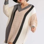 Oversized Multicolor Bouclé V-Neck Pullover Sweater Dress With Side Slit