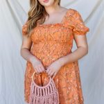 Plus Apricot Floral Print Smocked Puff Short Sleeve Romper