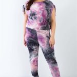 Plus Purple & Black Tie-Dye Ruched Shoulder Detail Top & Pants Set