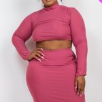 Plus Size Ribbed Mock Neck Crop Top & Midi Skirt Set