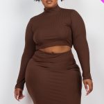 Plus Size Ribbed Mock Neck Crop Top & Midi Skirt Set
