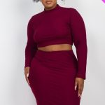 Plus Size Ribbed Mock Neck Crop Top & Midi Skirt Set