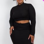 Plus Size Ribbed Mock Neck Crop Top & Midi Skirt Set