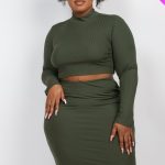 Plus Size Ribbed Mock Neck Crop Top & Midi Skirt Set