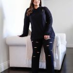 Plus Black Distressed Hooded Long Sleeve Top & Pants Set