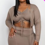 Plus Size Ruched Drawstring Cami Top & Skirt Set With Cardigan