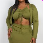 Plus Size Ruched Drawstring Cami Top & Skirt Set With Cardigan