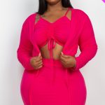 Plus Size Ruched Drawstring Cami Top & Skirt Set With Cardigan
