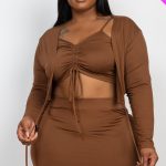 Plus Size Ruched Drawstring Cami Top & Skirt Set With Cardigan