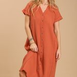 Split Neck Button Down Midi Dress With No Lining