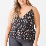 Plus Floral Sleeveless Wrap Neck Flare Hem Top
