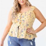 Plus Floral Button-Up Sleeveless Flare Hem Top