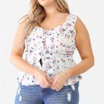 Plus Floral Button-Up Sleeveless Flare Hem Top