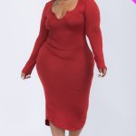 Plus Size Split Neck Long Sleeve Midi Dress