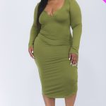 Plus Size Split Neck Long Sleeve Midi Dress