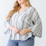 Plus Light Blue Stripe Print Cotton Button-Up Flare Hem Top