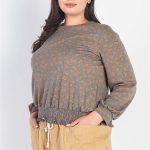 Plus Olive-Camel Floral Print Smocked Waist Long Sleeve Top