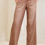 Waist Elastic High-Rise, Straight Fake Denim Print Pants