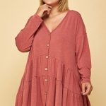 Plus Size Solid Long Sleeves Button Up Swing Tunic Top With Ruched Detail