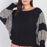 Plus Black Flannel Leopard Print Colorblock Dolman Sleeve Top