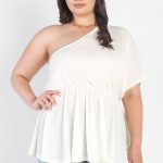 Plus Cream Textured One Shoulder Elasticized Waist Flare Hem Top