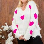 Neon Fuchsia Heart Print Distressed V Neck Long Sleeve Sweater