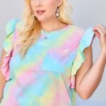 Plus Size Round Neck Ruffle Sleeve Front Pocket Tie Dye Knit Top