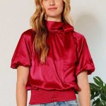 Waist Smocked Solid Satin Blouse
