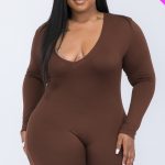 Plus V-Neck Long Sleeve Bodycon Romper