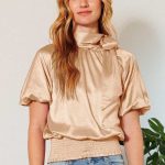 Waist Smocked Solid Satin Blouse