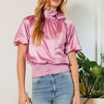 Waist Smocked Solid Satin Blouse