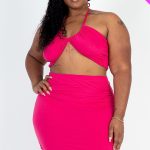 Plus Size Sexy Solid Crisscross Halter Top & Ruched Mini Skirt Set