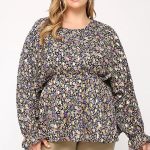 Floral And Gold Foil Woven Top With Elastic Waist And Peplum Hem