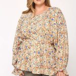 Floral And Gold Foil Woven Top With Elastic Waist And Peplum Hem