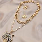 Tiger Rhinestone Head Pendant Chunky Curb Link Layered Necklace