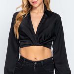 Long Sleeve Notched Collar Front Twisted Detail Crop Woven Top
