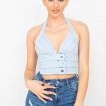 Denim Halter Neck Seamed Crop Top