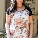 Plus Floral Print & Ribbed Black Colorblock Top