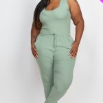 Plus Ribbed Sleeveless Drawstring Jumpsuit